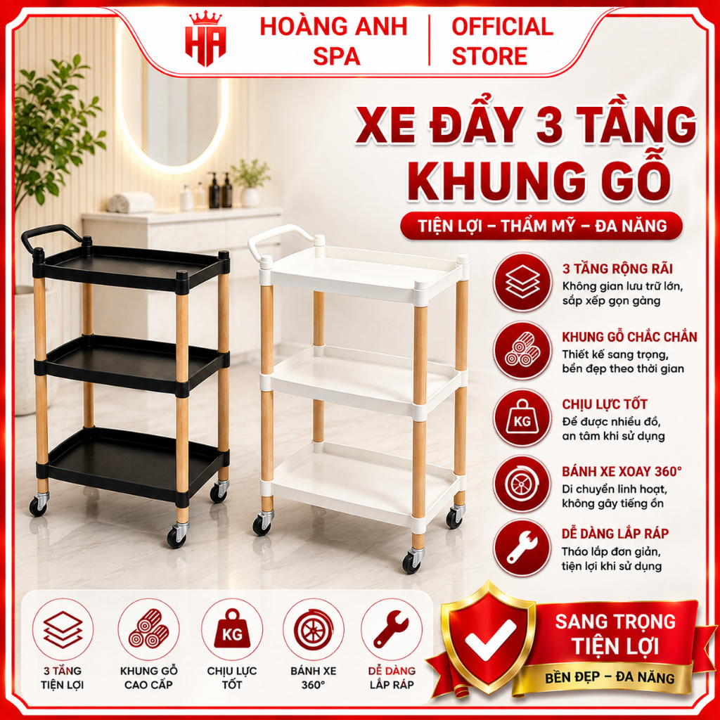Xe đẩy Spa đa năng khung gỗ chắc chắn | Xe đẩy gỗ spa mặt nhựa ABS | Kệ spa 3 tầng nhựa ABS