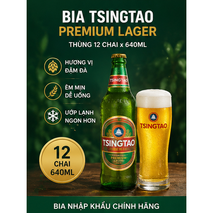 BIA TSINGTAO PREMIUM LAGER 640ML – THÙNG 12 CHAI | BIA TSINGTAO NHẬP KHẨU CHÍNH HÃNG