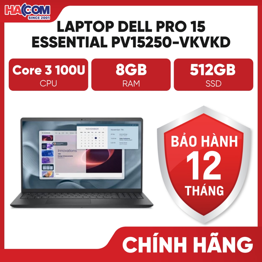 Laptop Dell Pro 15 Essential PV15250-VKVKD (Core 3 100U 8GB/512GB/15.6" FHD/Ubuntu) (NK_BH HACOM)