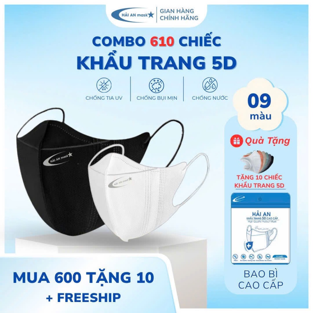 [ Thùng 600-500 -300 Chiếc 5D + 10 Chiếc 5D ] Khẩu Trang 5D HẢI AN MASK Chính Hãng 3 Lớp Dày Dặn, Kh