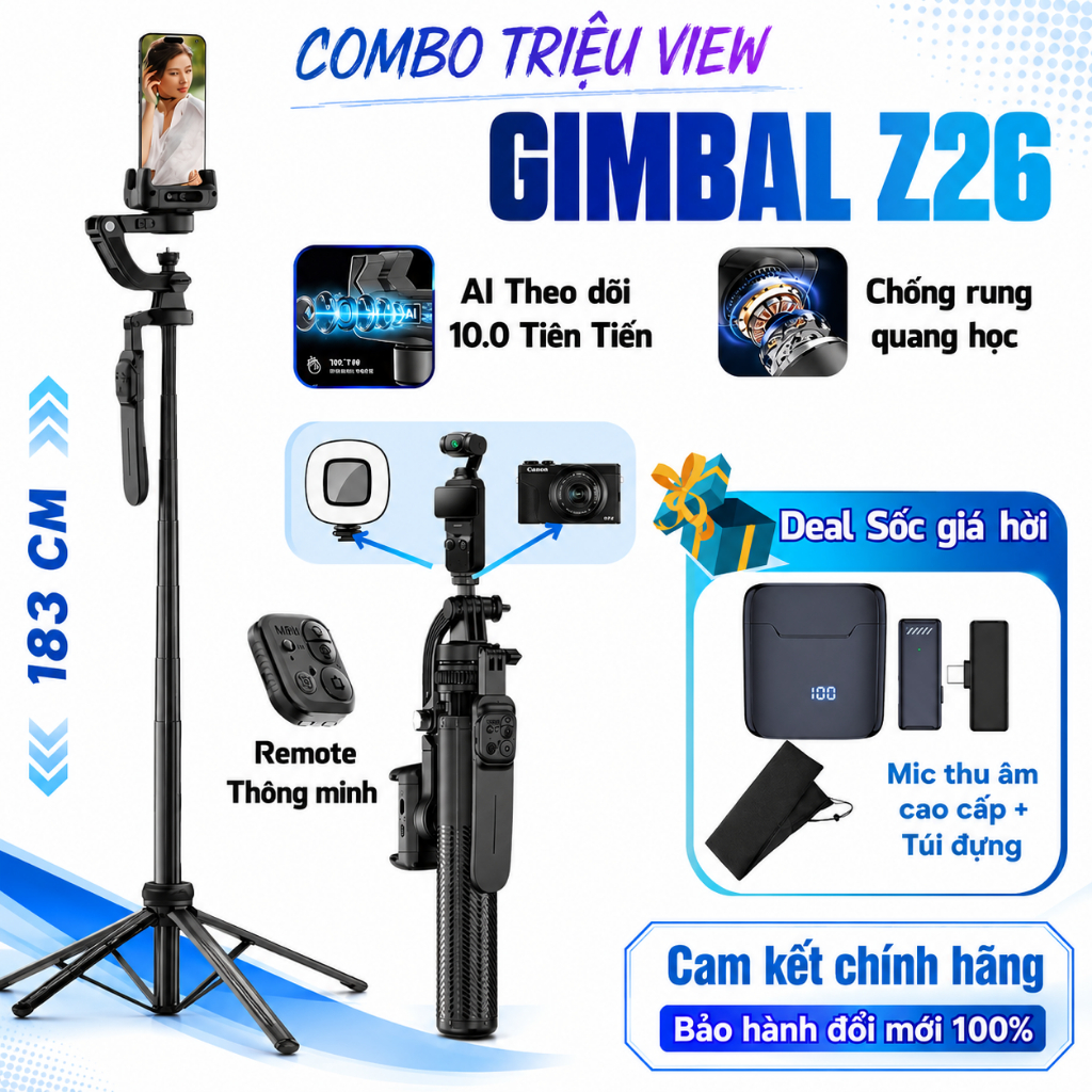Gimbal điện thoại xoay 360 độ Z26 Chính Hãng, Gimbal chống rung theo dõi vật thể kéo dài 183 cm cao 