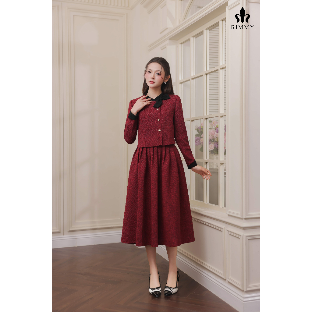Hera Set Váy Dạ Tweed Mỏng Màu Đỏ Đô Phối Trắng Thanh Lịch Công Sở Thời Trang Thiết Kế Nữ Rimmy