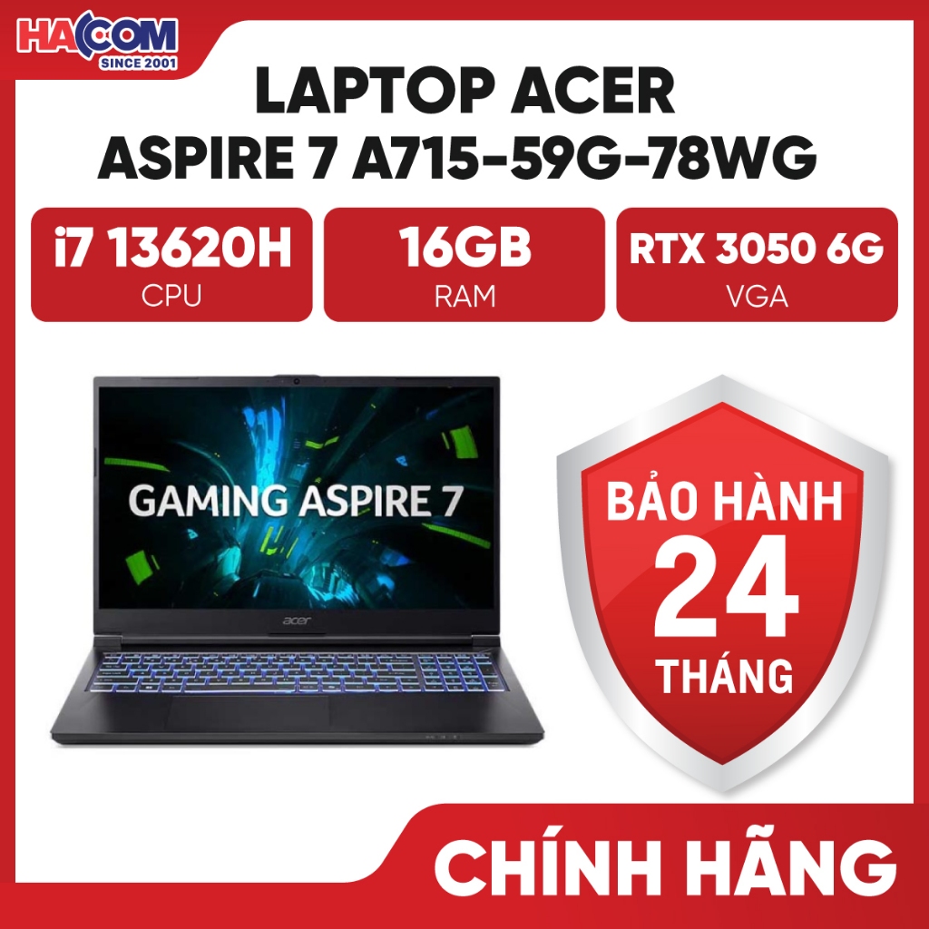 Laptop Acer Aspire 7 A715-59G-78WG (NH.QX6SV.006) (i7 13620H/16GB/512GB/RTX 3050 6G/15.6" FHD 144Hz/