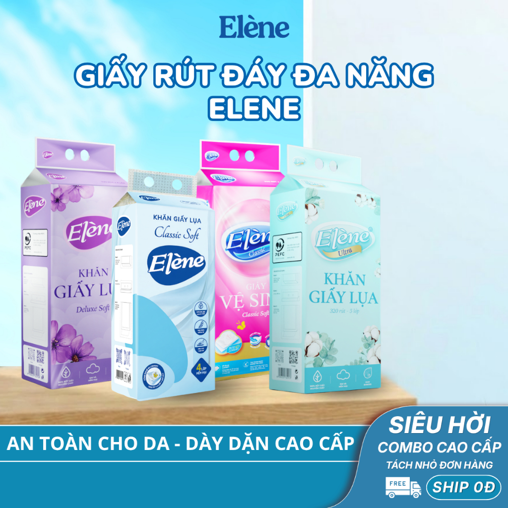 COMBO 4/6/10 BỊCH Giấy Rút Đáy Đa Năng Elene 4 Lớp Cao Cấp, Mềm Mịn, An Toàn