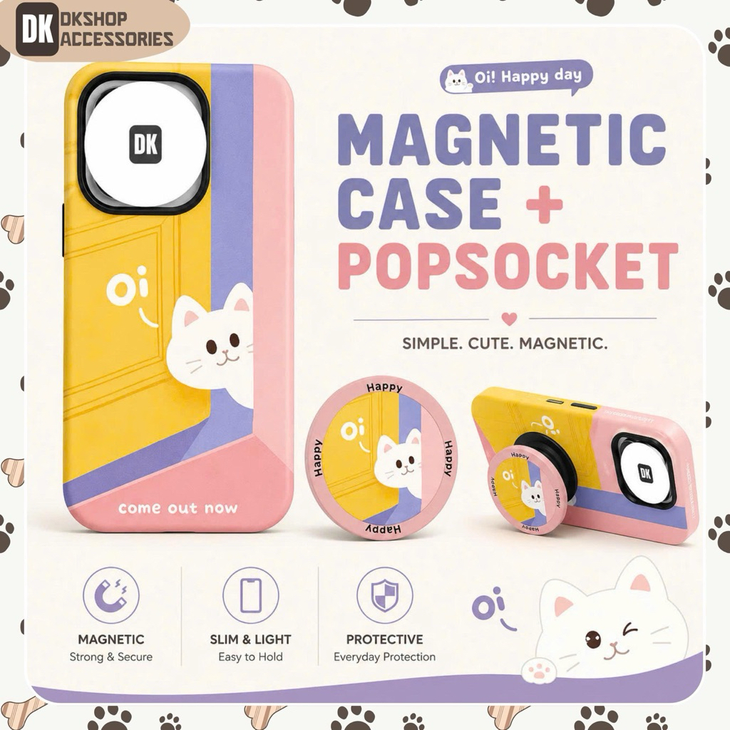 Ốp Lưng Từ Tính Mèo Trắng Cute Kèm Popsocket Hít Nam Châm – TPU Mềm, Chống Bám Bẩn | DKshop