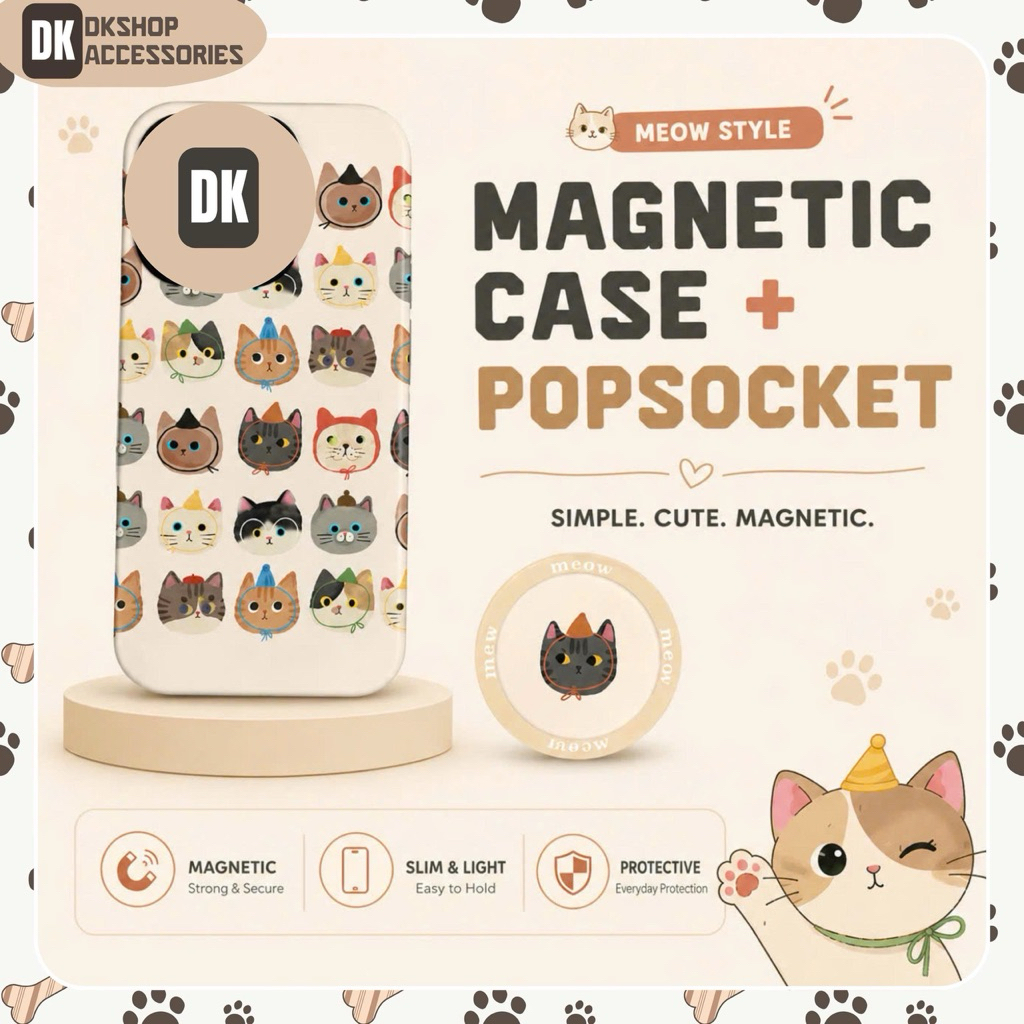 Ốp Lưng Từ Tính Hình Mèo Nhiều Biểu Cảm DKshop – Kèm PopSocket, Dễ Thương, Chống Sốc, Hỗ Trợ Sạc Khô