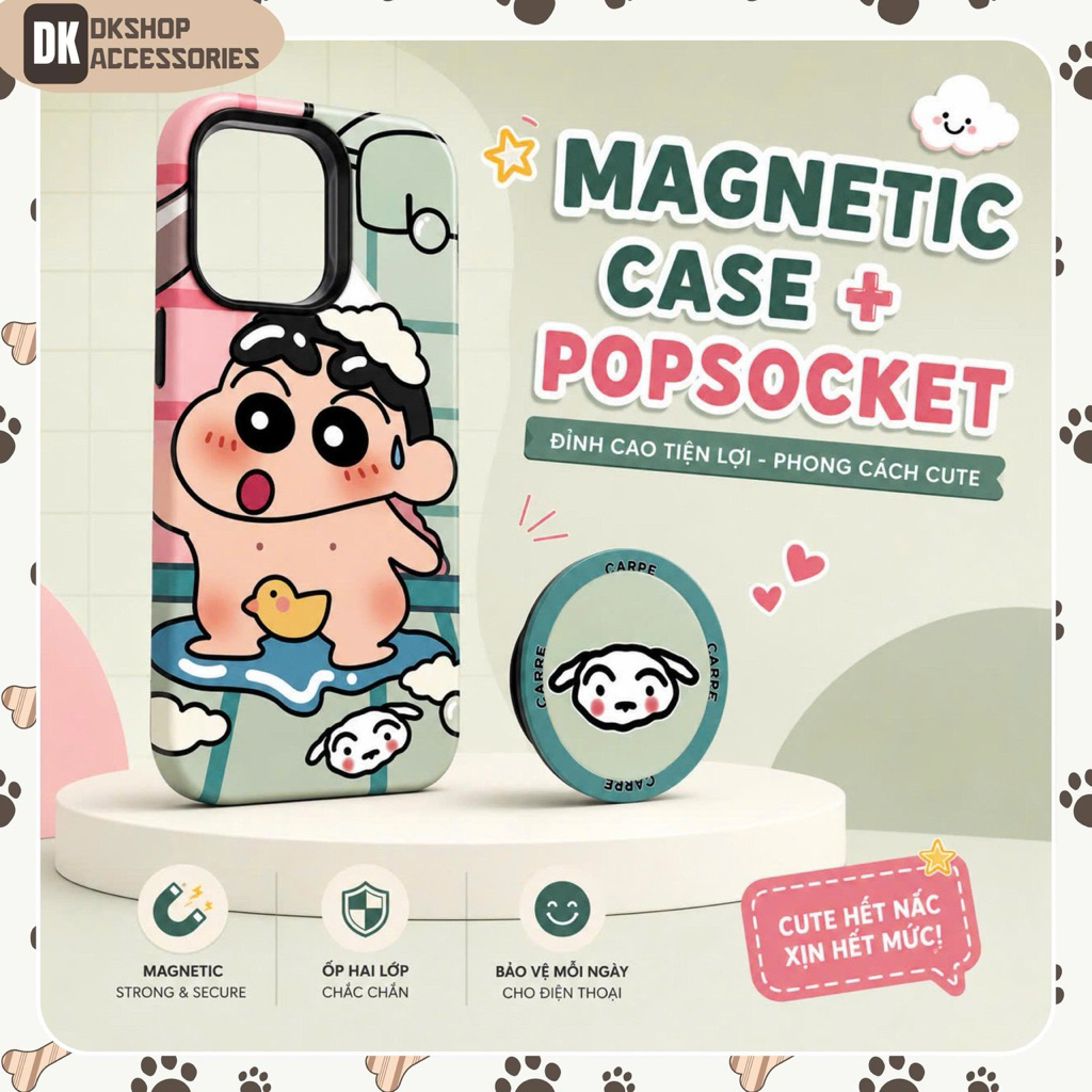 Ốp Lưng Từ Tính Shin Cậu Bé Bút Chì Kèm Popsocket Cún Con – TPU Mềm Cao Cấp, Chống Trầy Xước | DKsho