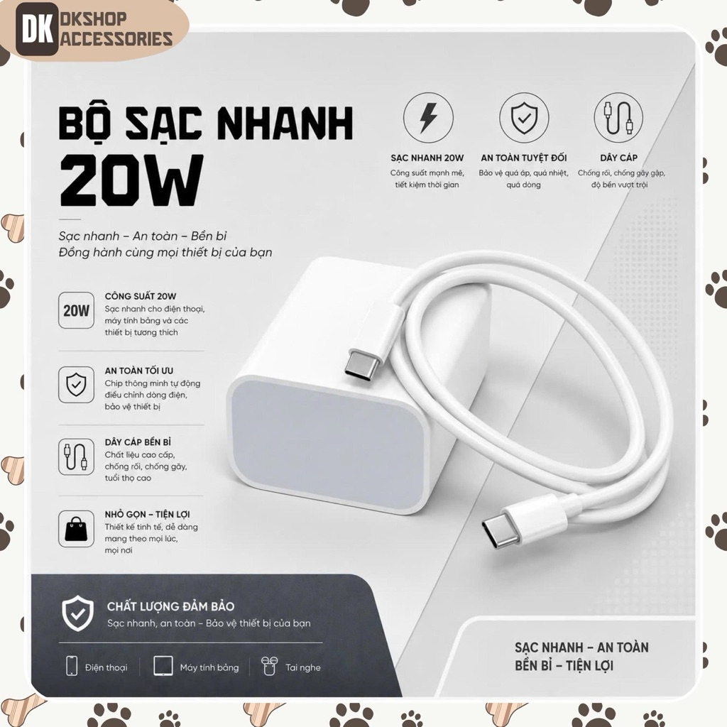 Bộ Sạc Nhanh PD20W DKSHOP - Hỗ Trợ Sạc Siêu Tốc, Không Nóng Máy, Bền Bỉ, An Toàn