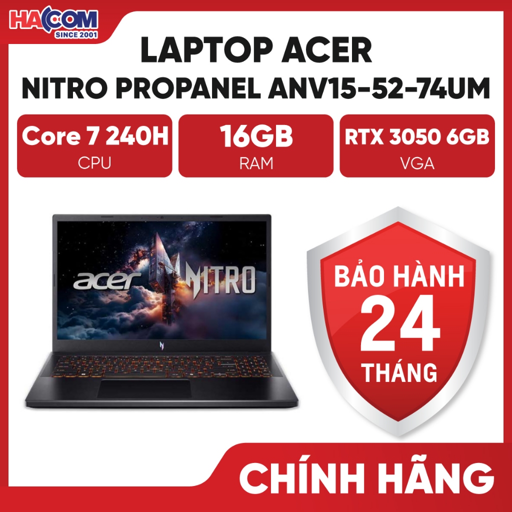 Laptop Acer Gaming Nitro V15 ProPanel ANV15-52-74UM (Core 7-240H/16GB/512GB/RTX3050/6GB/15.6" FHD/Wi