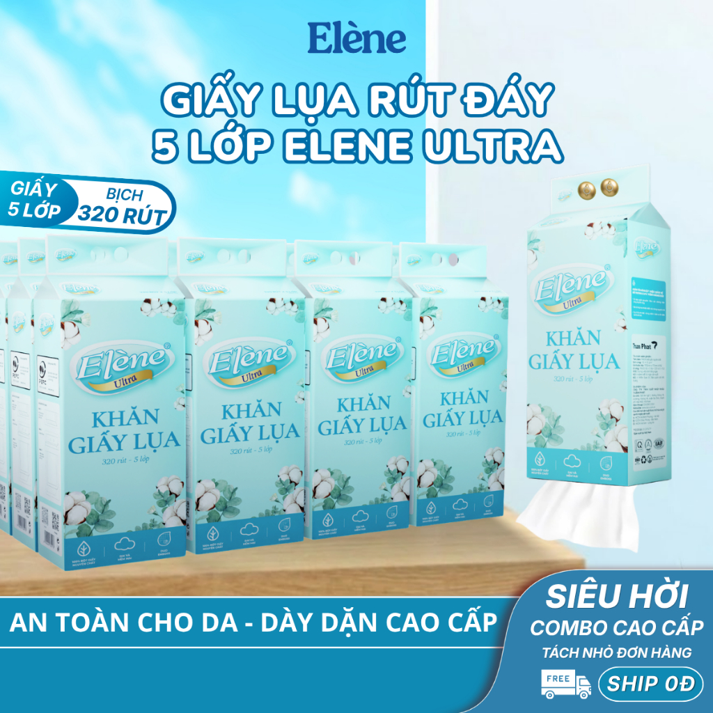 COMBO 6/10 BỊCH Giấy Lụa 5 Lớp Rút Đáy Elene Ultra 1600 Tờ Cao Cấp, Mềm Mịn, An Toàn