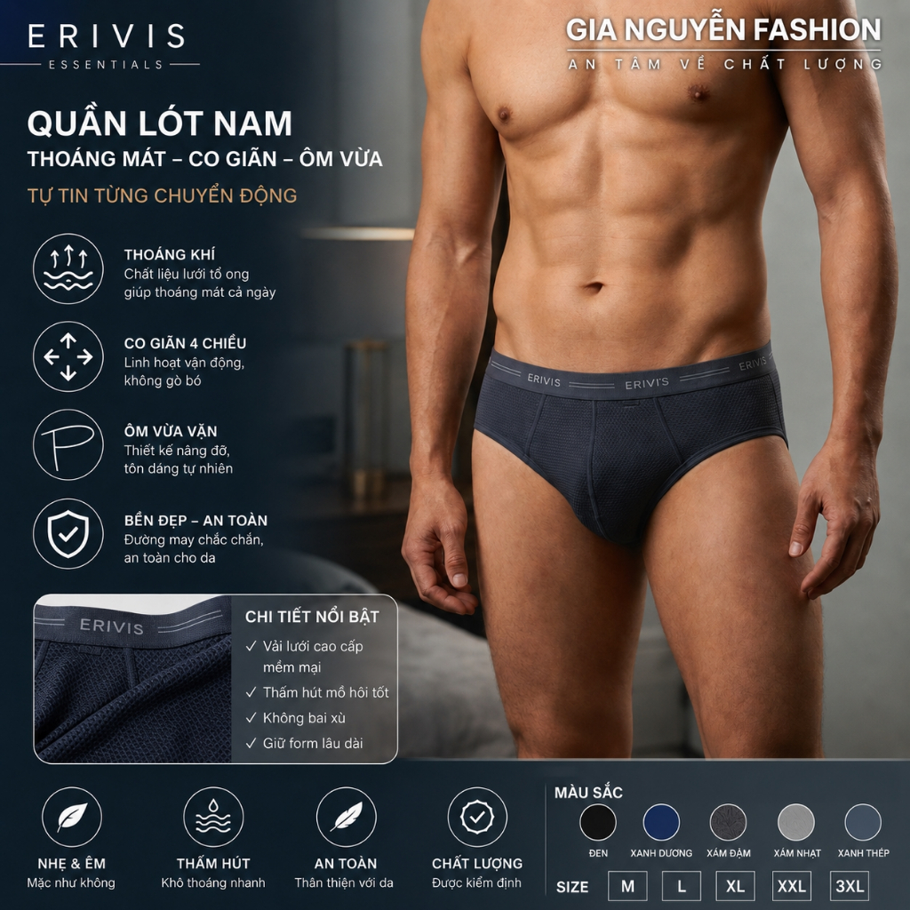 1 chiếc quần lót nam, thương hiệu Erivi's Việt Nam, chất liệu cotton thông hơi, co giãn 4 chiều