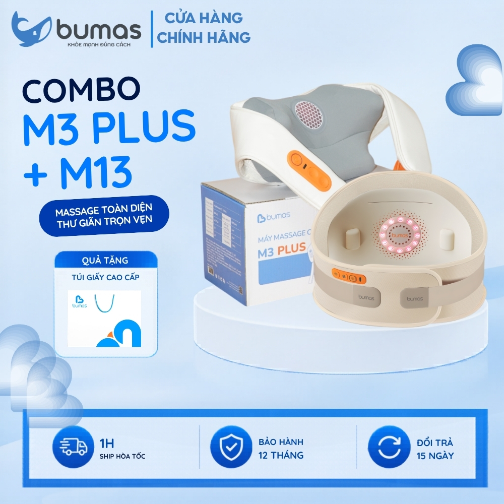 Máy Massage Cổ Vai Gáy Lưng BUMAS M3 PLUS và Đai Massage Chườm Ấm Lưng - Bụng BUMAS M13