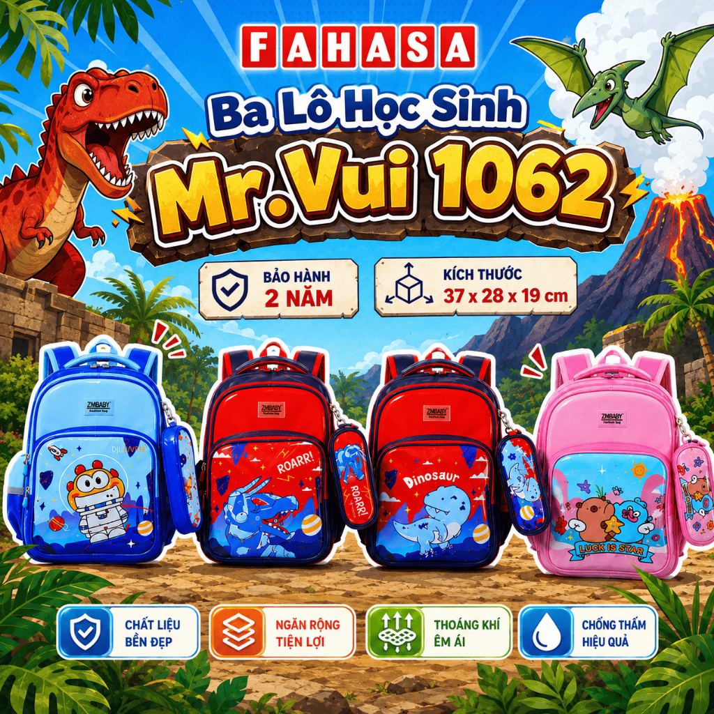 Ba Lô Học Sinh Capybara Và Hangyodon/Robot/Dino/PHG - Mr.Vui 1062 - Màu Hồng/Xanh Đen + Đỏ/Xanh Biển
