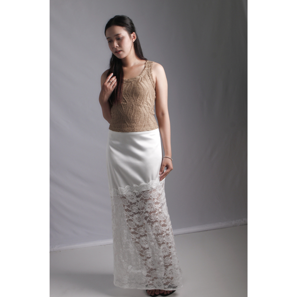 ViS Store - Chân váy midi lụa phối ren form đuôi cá nhẹ