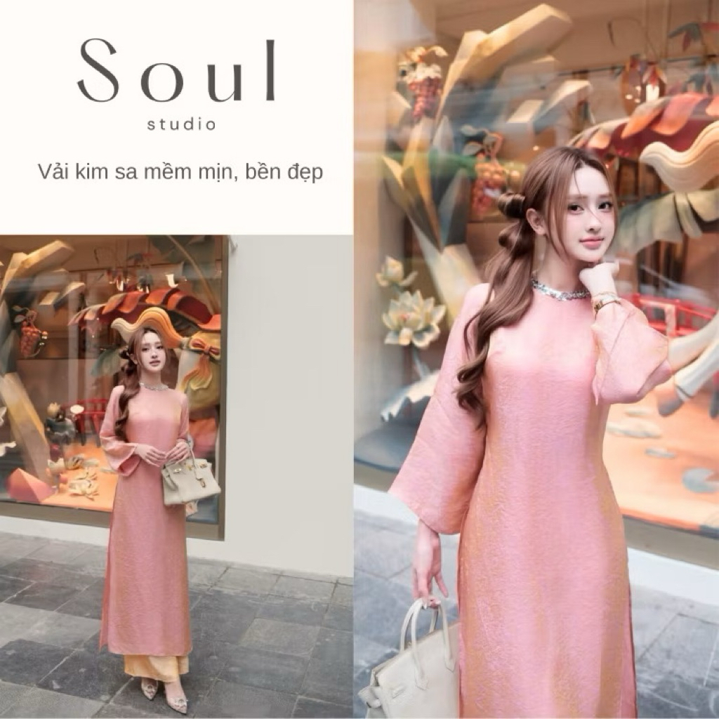 Set áo dài SOUL STUDIO lụa tơ ánh kim cổ đính đá màu hồng