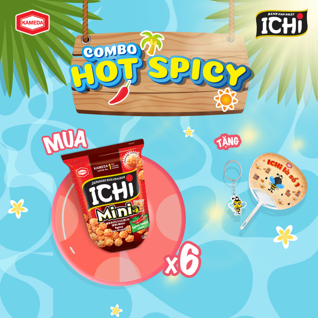 Combo 6 gói bánh gạo Nhật ICHi MINI vị CAY gói 120g, tặng kèm 1 quạt và 1 móc khóa ICHI BEE ngẫu nhi