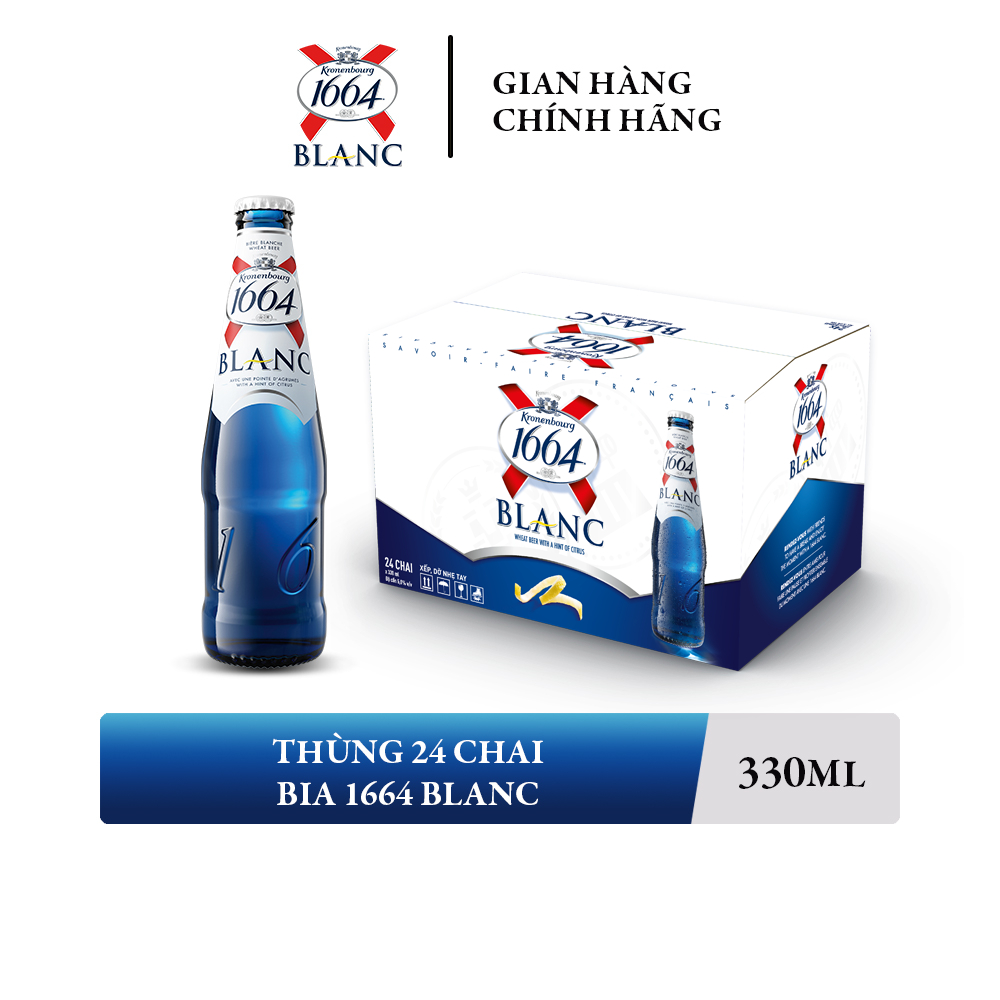 Thùng 24 Chai Bia Blanc 1664 330ml/Chai Nồng Độ 5% - Bia Lúa Mì Pháp Cao Cấp