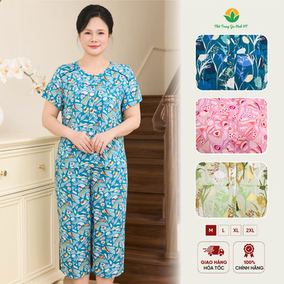 Bộ lanh tole trung niên Việt Thắng quần lửng áo cộc tay mở khuy họa tiết chất vải mềm mát B06.6051
