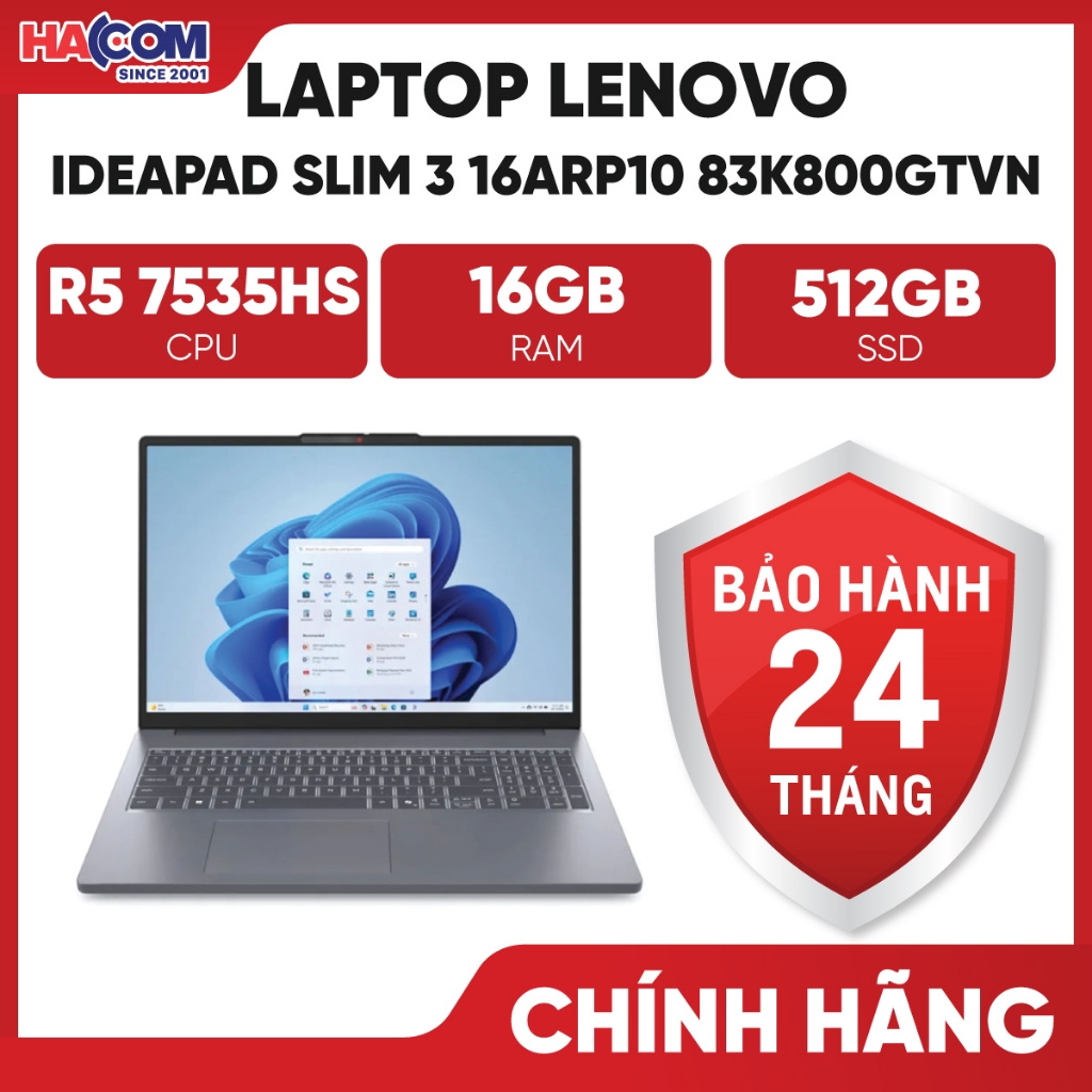 Laptop Lenovo Ideapad Slim 3 16ARP10 83K800GTVN (R5 7535HS/16GB RAM/512GB SSD/16 WUXGA/Win11/Xám)
