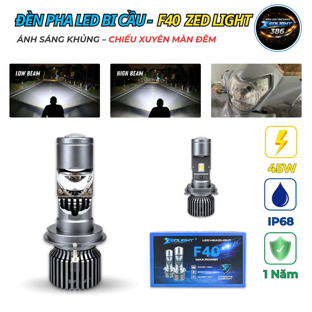 Đèn Pha LED Bi Cầu F40 ZED LIGHT - Chiếu Xa Hơn 200m - Lắp Cho Xe SH Mode, SH Ý, Liberty, Vespa