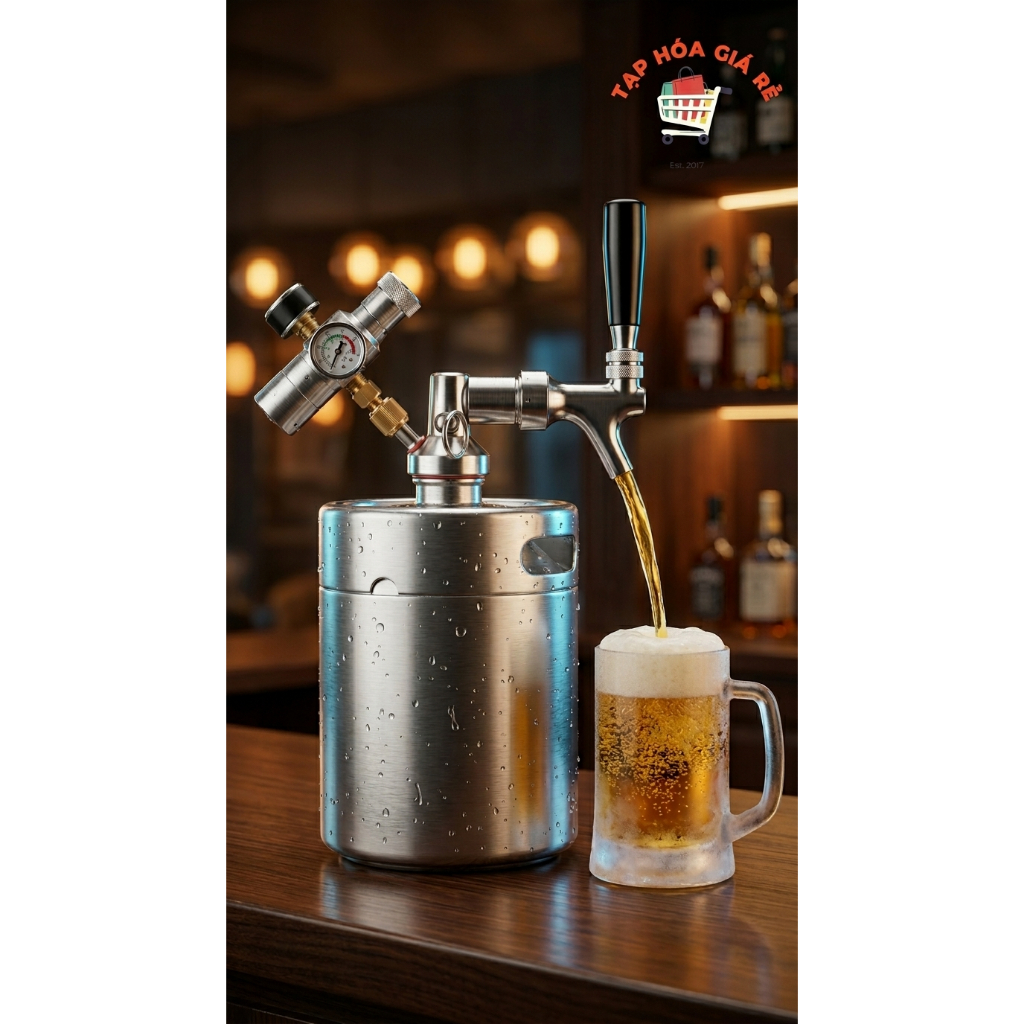 Bình Bia Tươi Mini Keg Inox 304 Cao Cấp Kèm Vòi Rót, Van CO2 Giữ Gas - Tặng Bình CO2 Mini