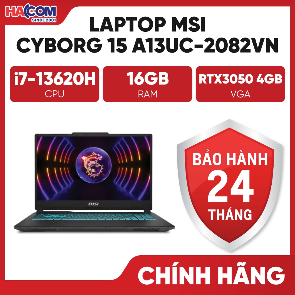 Laptop MSI Cyborg 15 A13UC-2082VN (i7-13620H/16GB/512GB/RTX3050 4GB/15.6" FHD 144hz/Win11/Balo)