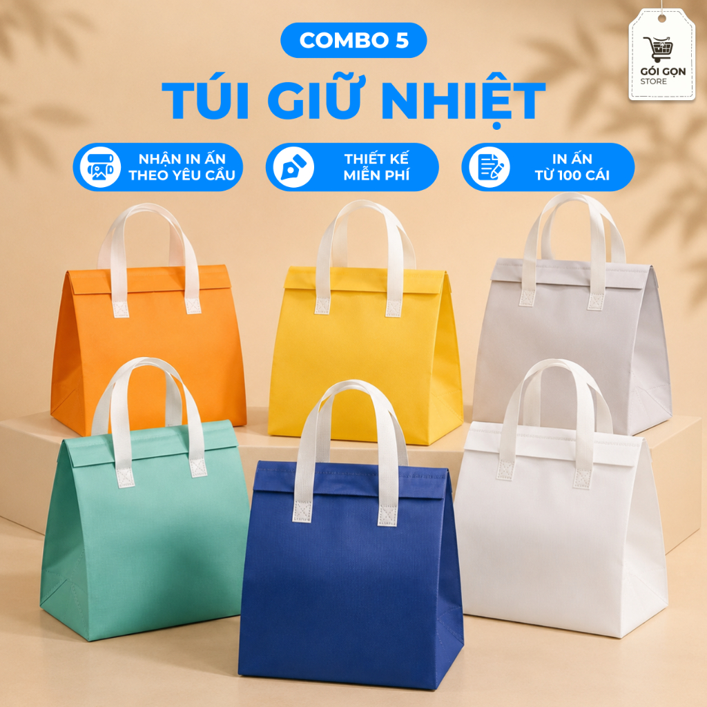 Combo 5 Túi Giữ Nhiệt Vải Không Dệt Đựng Hộp Cơm, Đồ Ăn, Bình Nước – Nóng Lạnh, Nhiều Màu CX560