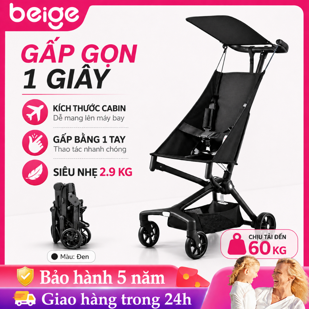 Xe đẩy gấp gọn cho bé Beige, siêu nhẹ 2,9 kg, đi kèm dây bảo hiểm,xe đẩy ngồi cho bé