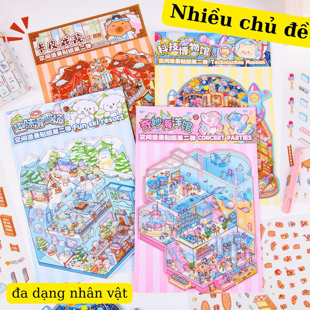 Set 4 Tấm Sticker 3D DIY Scene, Nhãn Dán DIY Nhiều Cảnh Quan 3D Đa Tầng, Vui Nhộn, Giảm Stress.
