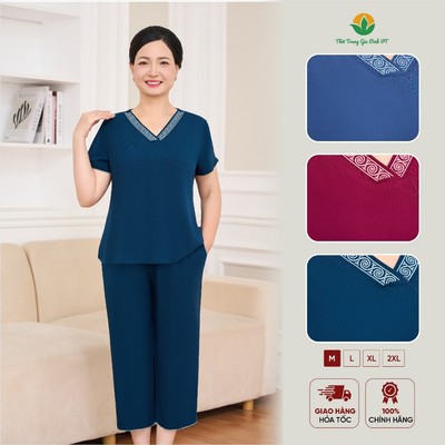 Bộ lanh trung niên mặc mùa hè Việt Thắng quần lửng, áo cộc tay cổ V thêu họa tiết - B26.6093