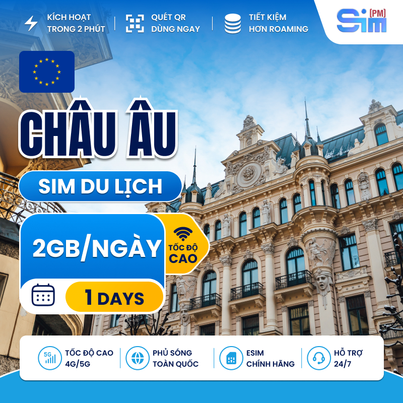 Sim du lịch Châu Âu 39 nước 1 ngày 2GB/ngày tốc độ cao