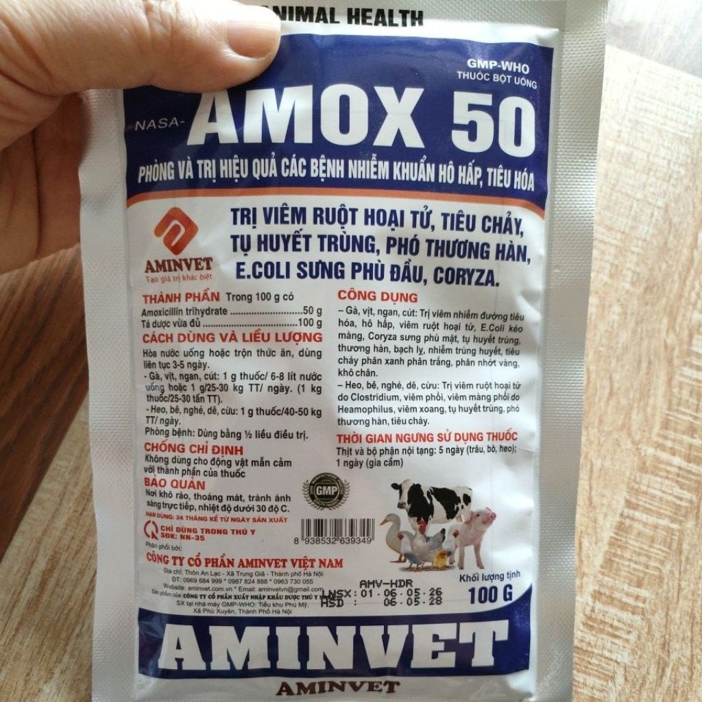 Nasa-Amox 50% 100g hỗ trợ sức khỏe vật nuôi gia súc, gia cầm.