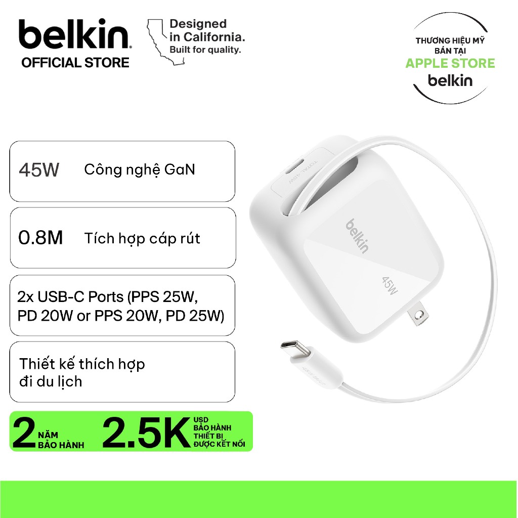 Củ Sạc Belkin GaN 45W 2 Cổng USB-C PD 3.1 PPS Kèm Cáp Rút 0.8m Sạc Nhanh iPhone iPad MacBook