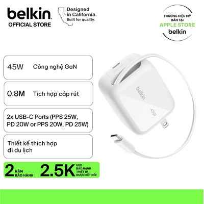 Củ Sạc Belkin GaN 45W 2 Cổng USB-C PD 3.1 PPS Kèm Cáp Rút 0.8m Sạc Nhanh iPhone iPad MacBook