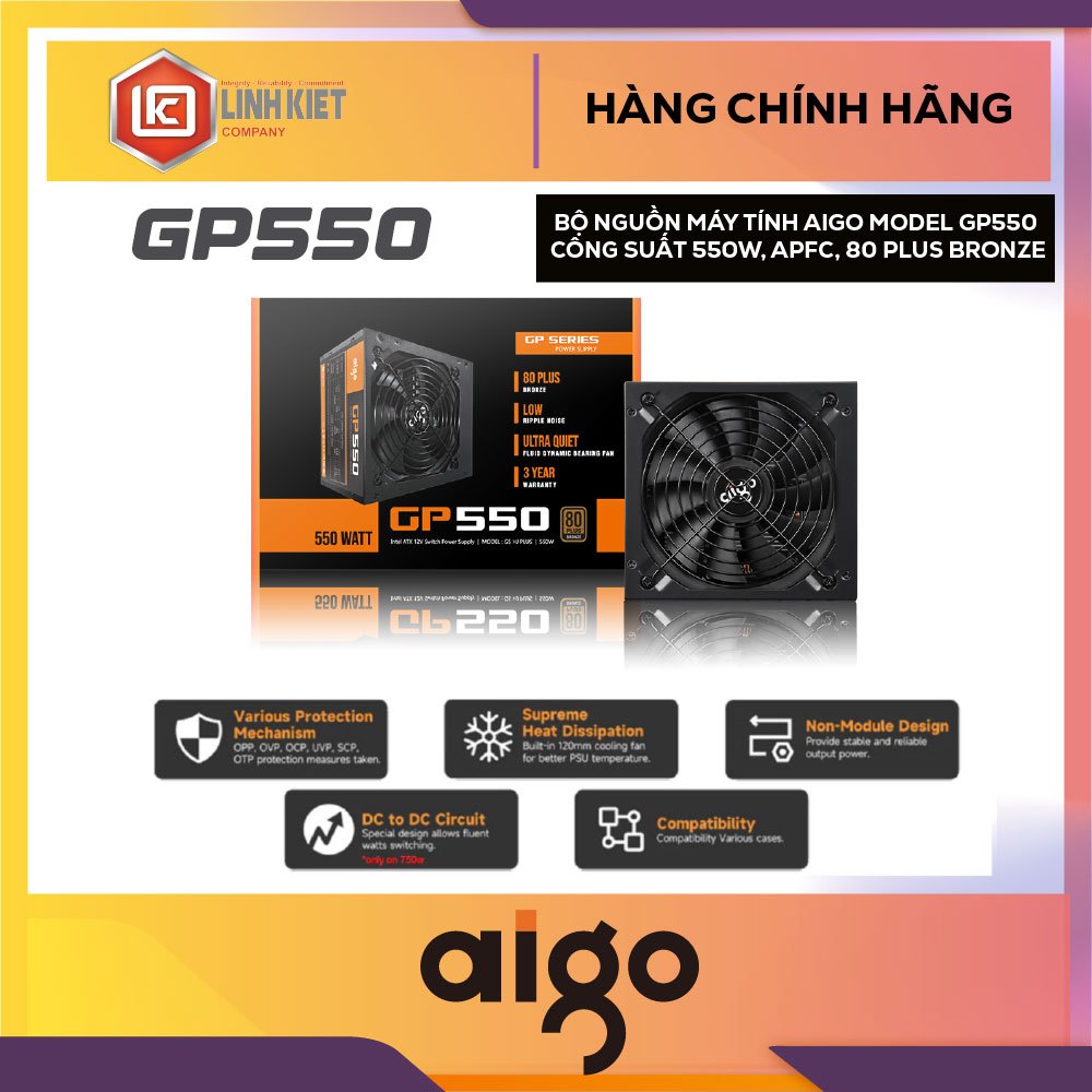 BỘ NGUỒN MÁY TÍNH AIGO MODEL GP550 CÔNG SUẤT 550W, APFC, 80 PLUS BRONZE