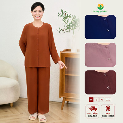 Bộ lanh trung niên quần dài áo dài tay trơn, bộ đi chùa cho mẹ cho bà thời trang Việt Thăng B30.5148
