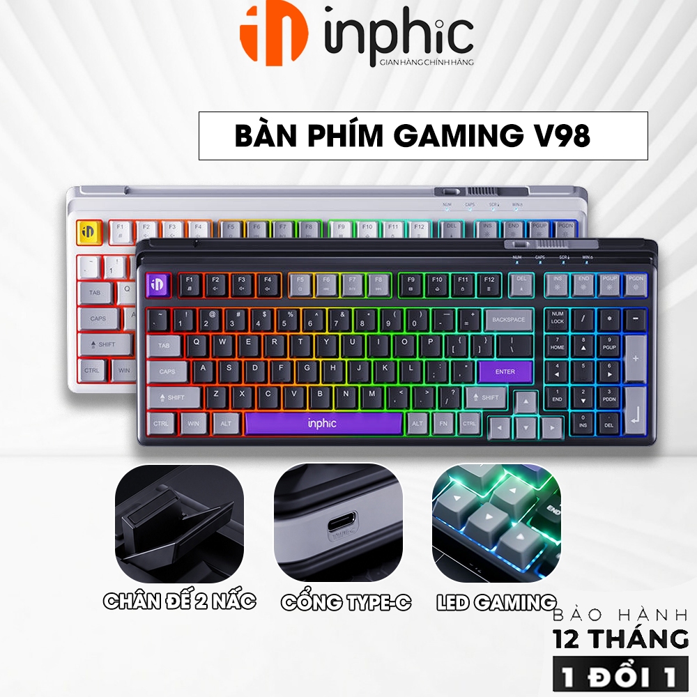 Bàn phím giả cơ có dây SIDOTECH INPHIC V98 gaming phím gõ êm chống ồn layout 98 phím đèn led rainbow