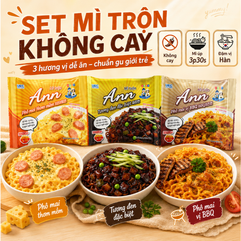 COMBO Mix 3 Vị Ít Cay Chuẩn Vị Hàn Quốc 3 Vị: Phô mai BBQ, Phô mai thơm mềm, Tương đen đặc biệt
