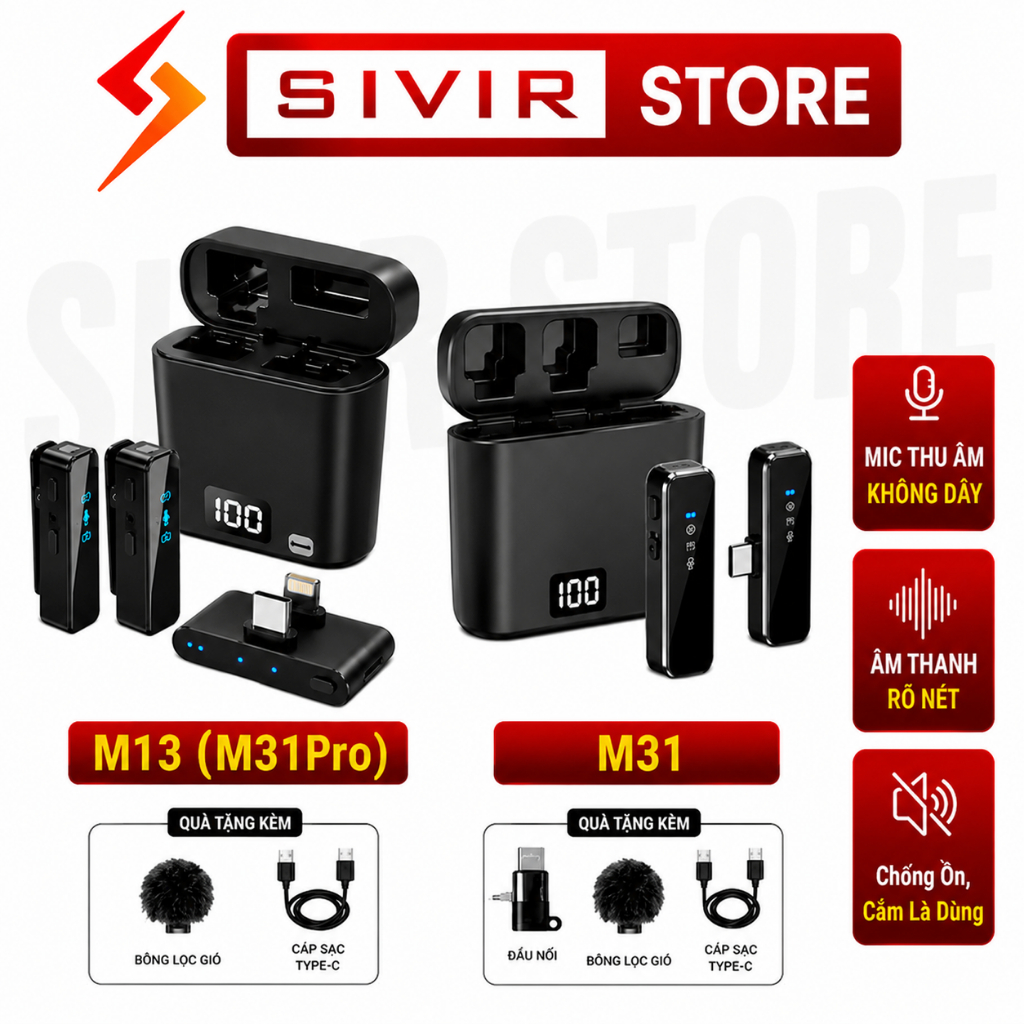 Mic Thu Âm Không Dây SIVIR M13(M31Pro) Mic M31 Chống Ồn AI Mic thu âm Cài Áo Livestream Quay Video