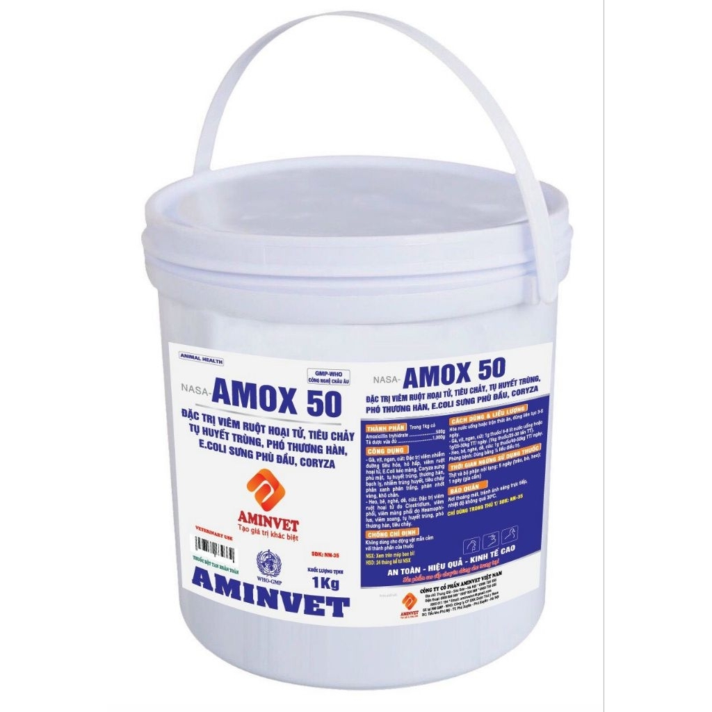 Nasa-Amox 50% 1kg (10 gói 100g) hỗ trợ sức khỏe cho gia súc, gia cầm.