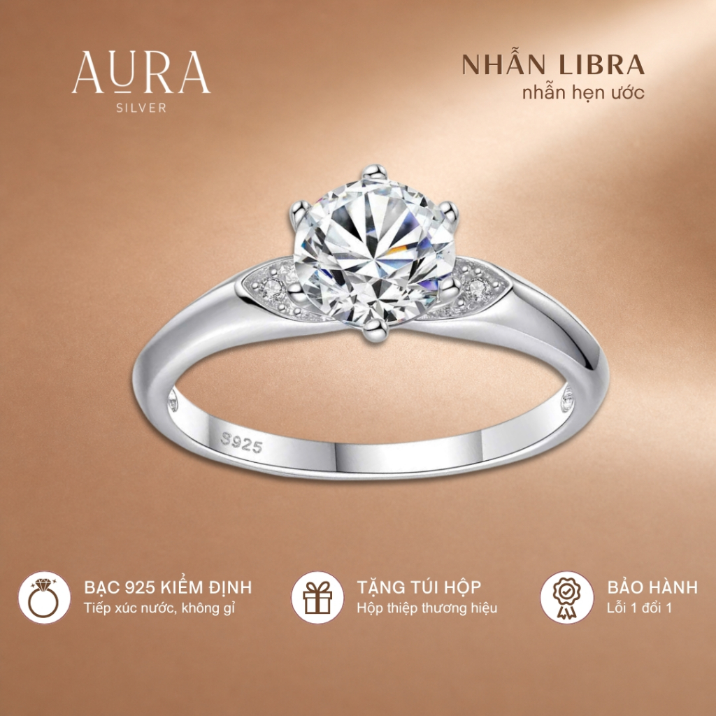 Nhẫn bạc Ý 925 xi kim nhẫn bạc nữ Libra đính đá zircon lấp lánh-Aura Silver-N03