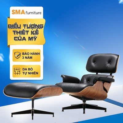 Ghế thư giãn SMA Furniture - Eames Lounge & Ottoman, Da bò - Gỗ Verneer màu óc chó, Bảo hành 3 năm