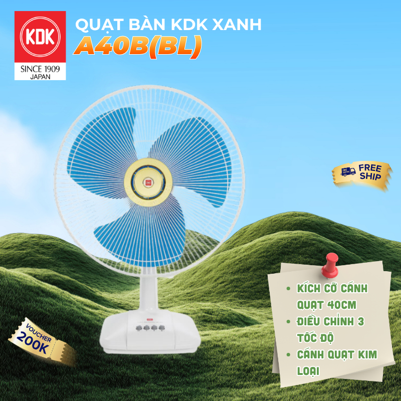 Quạt bàn Nhật 3 mức gió KDK xanh A40B(BL) - Bảo hành chính hãng 12 tháng