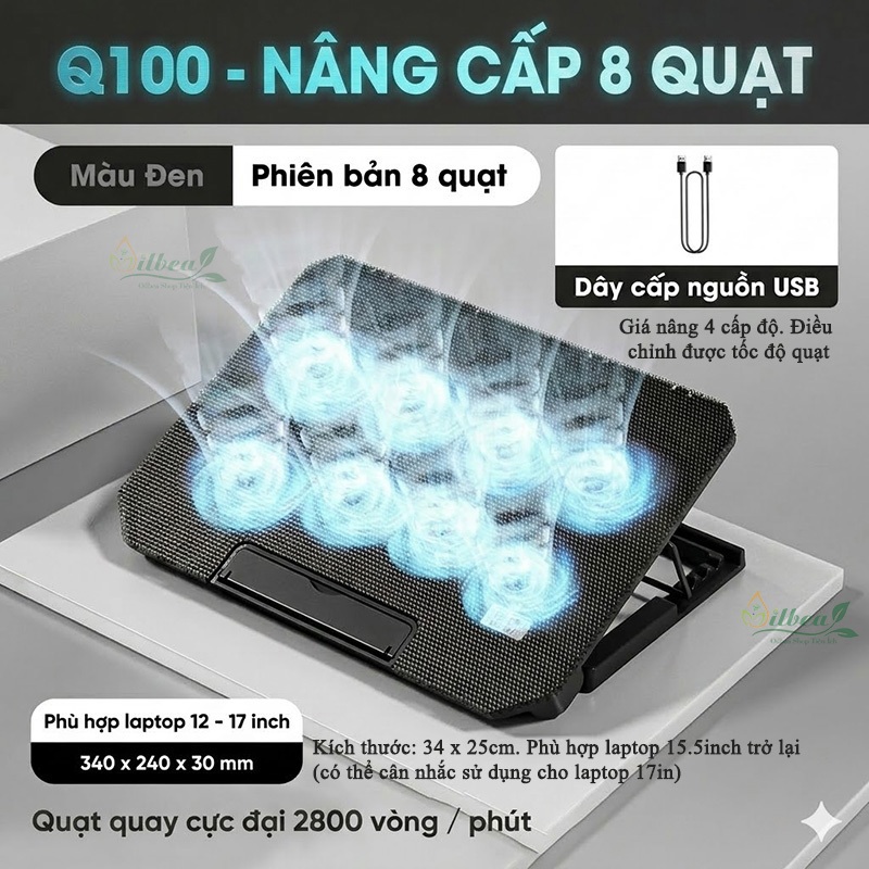 Giá Đỡ Laptop Tản Nhiệt Cao Cấp Q100 Loại 8 Quạt Tốc Độ Quay Cực Đại 2800 vòng / phút