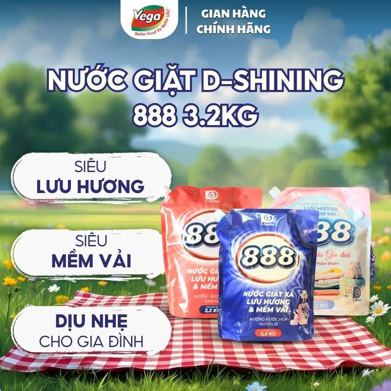 Nước Giặt Xả 888 Cao Cấp 3,2kg D-SHINING - Siêu Lưu Hương, Siêu Mềm Vải, Dịu Nhẹ Cho Gia Đình