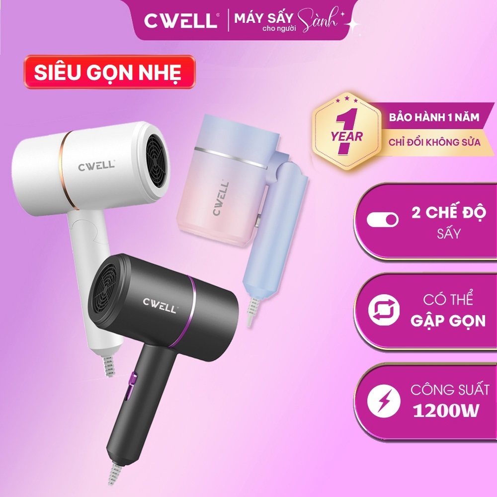 Máy sấy tóc mini CWELL C01HD gấp gọn, 1200W sấy nhanh, 2 chế độ nóng lạnh, ánh sáng xanh bảo vệ tóc