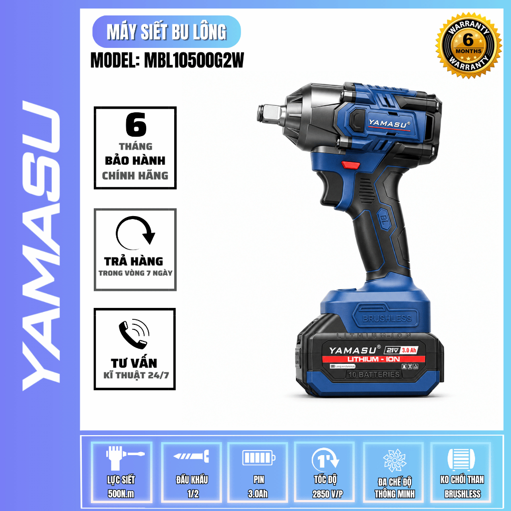Máy Siết BuLong Pin Lực Siết 500Nm YAMASU MBL-10500G2W 2 Chế Độ Động Cơ Brushless Chính Hãng