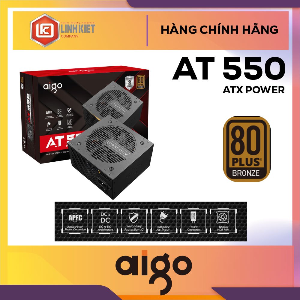 BỘ NGUỒN MÁY TÍNH AIGO MODEL AT550 CÔNG SUẤT 550W, APFC, DC TO DC 80 PLUS BZONE