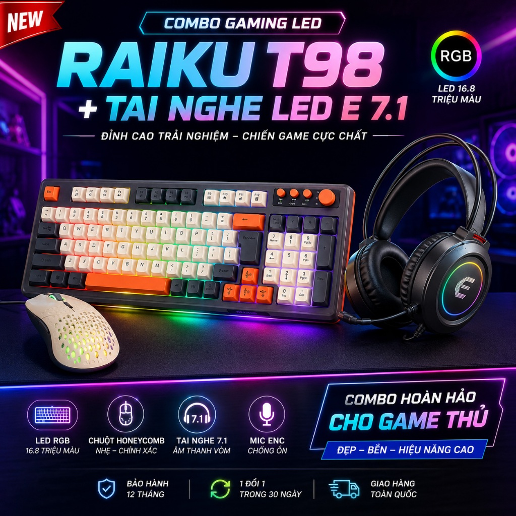 (Tặng lót chuột) Combo Bàn Phím Chuột Giả Cơ Gaming RAIKU T98 RGB + Tai Nghe Led E 7.1 USB Gaming