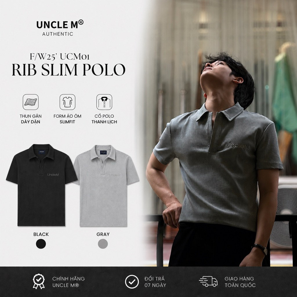 Áo polo form slim Uncle M cotton ribbed cổ v nam thêu - Rib Slim Polo